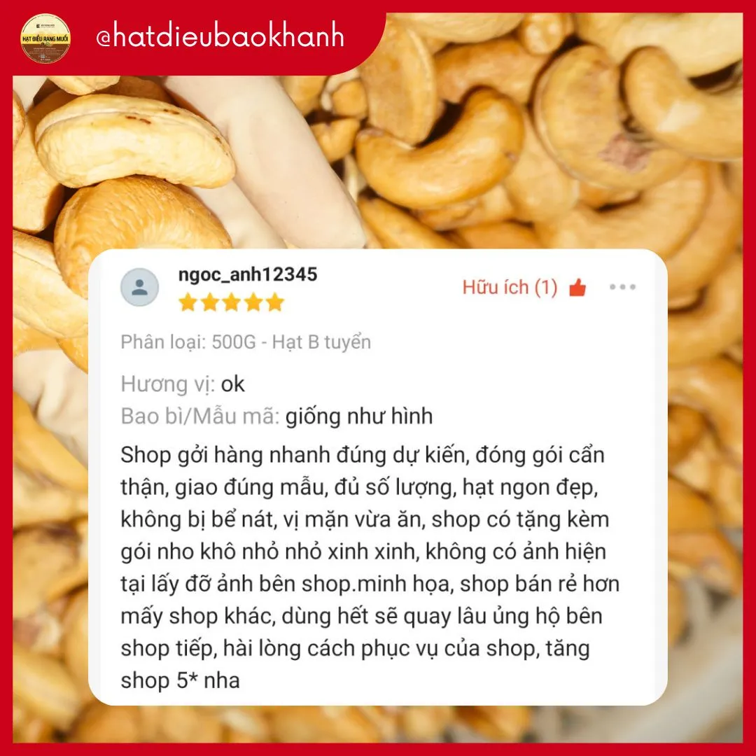 Đánh giá của khách hàng cho Hạt Điều Bảo Khánh